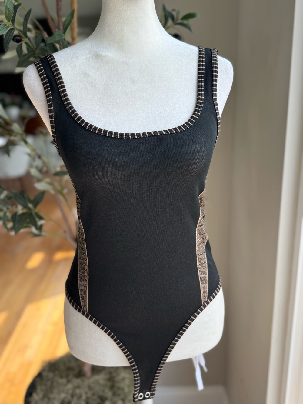 Forever 21 Black Bodysuit with Tan Trim